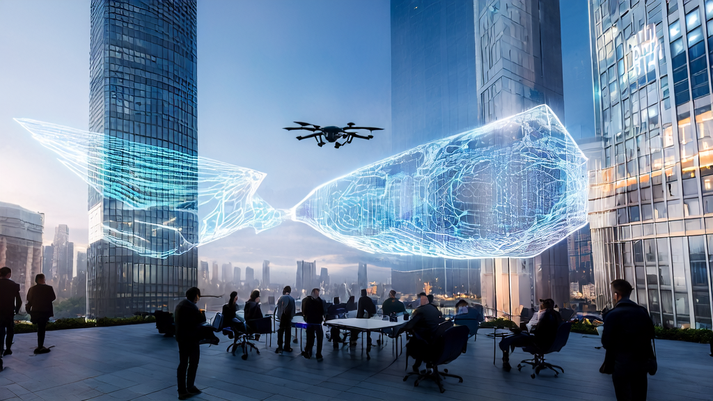 Entrepreneurs in a futuristic city discussing how to achieve hyper-personalized email marketing and personalized customer reach using AI