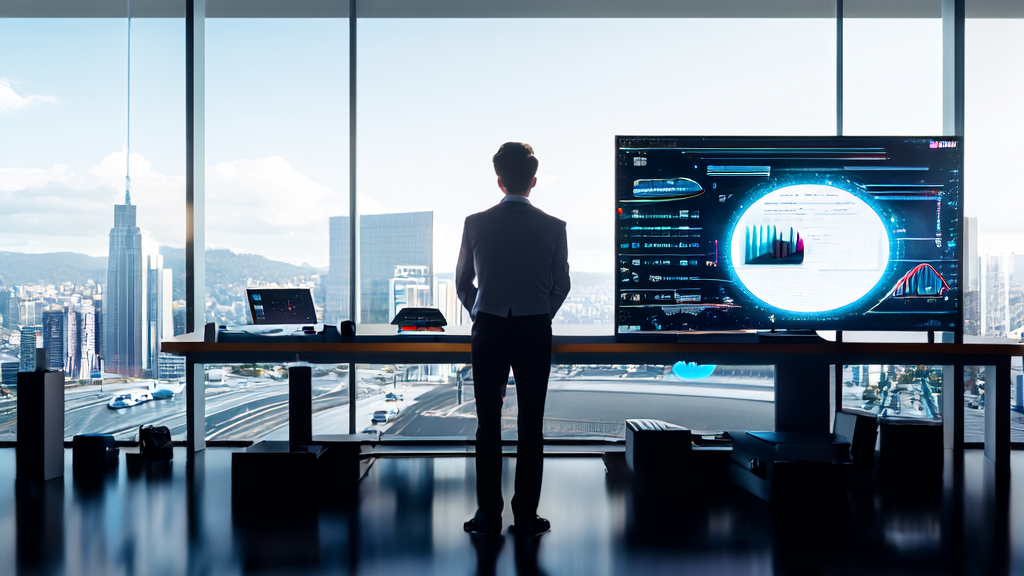 In a modern office bathed in sunlight, an entrepreneur uses Poe API for customer data collection and analysis