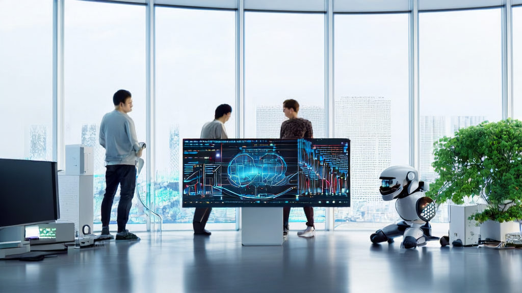 现代办公室中，工程师们利用AI技术进行高效客户数据清洗，提升企业获客效率