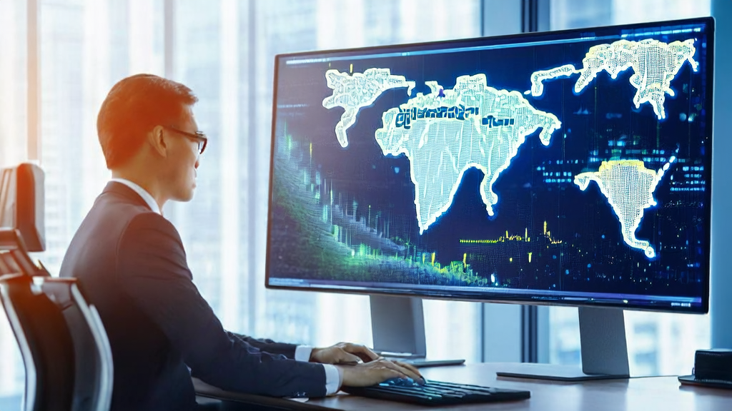 电商卖家在现代化办公室中利用AI技术进行数据分析和客户获取