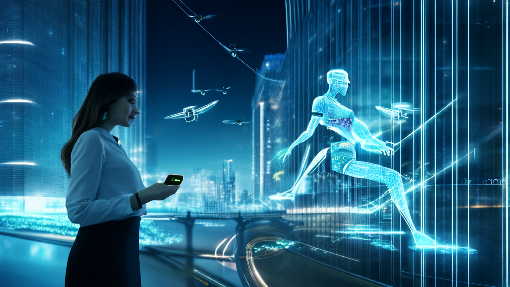 Scene of AI-powered email marketing in a futuristic city: A business person checking personalized email recommendations via a smartwatch