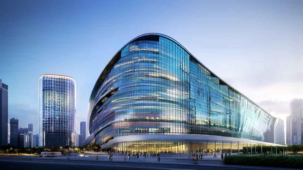 A modern office building in a futuristic city showcasing the application of AI-powered DouBao model in cross-border commerce to achieve efficient customer acquisition.