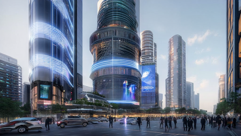 A smart building and self-driving cars in a futuristic city showcasing AI-powered marketing and energy management challenges