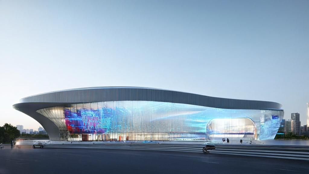 AI-powered marketing center in a futuristic city, showcasing applications in email marketing and ad targeting