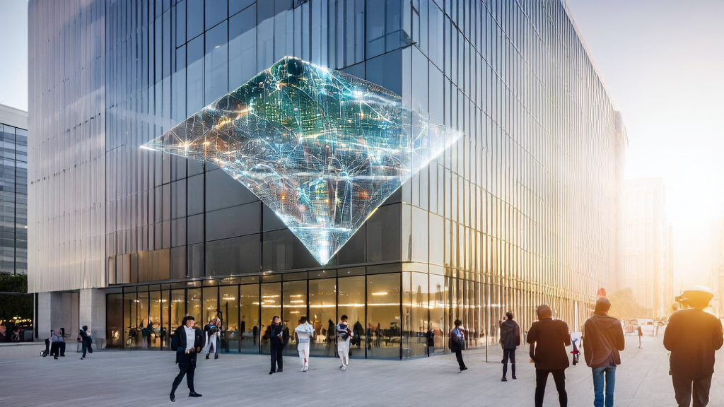 AI robot holding a customer list in front of a modern office building in the Middle East, illustrating AI-driven business acquisition strategies