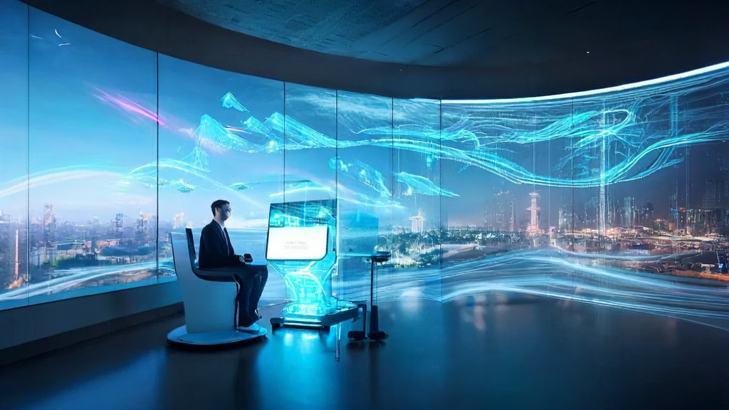 A futuristic smart office where an entrepreneur uses AI technology for personalized email marketing, with Tesla Robotaxis cruising through the city outside the window