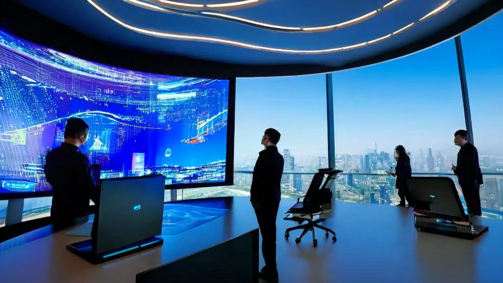 AI赋能外贸企业的精准获客策略：现代化办公室中的员工使用阿里云Vivid-VR工具优化视频内容并分析客户数据