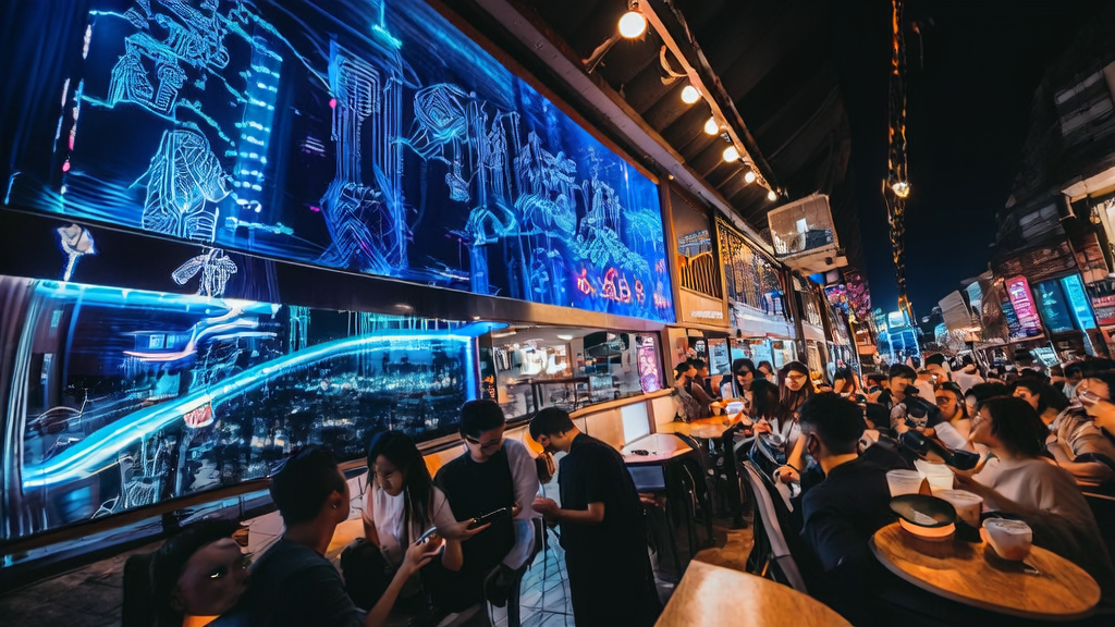东南亚城市夜晚街头的咖啡馆，顾客使用AI技术进行个性化推荐和图片编辑
