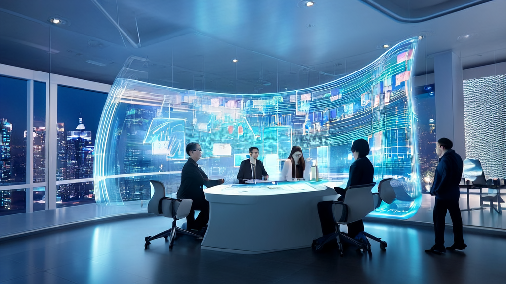 In a futuristic office, team members are discussing marketing strategies using an AI-powered smart customer acquisition system.