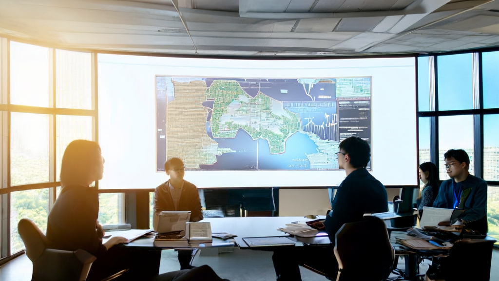 Modern office scene where entrepreneurs use AI software to analyze Google Maps data for efficient customer acquisition