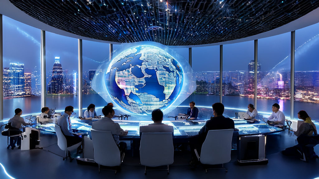 未来城市中的高科技办公室，数据科学家们使用AI客户预测模型分析全球市场，实现跨境电商的增长突破。