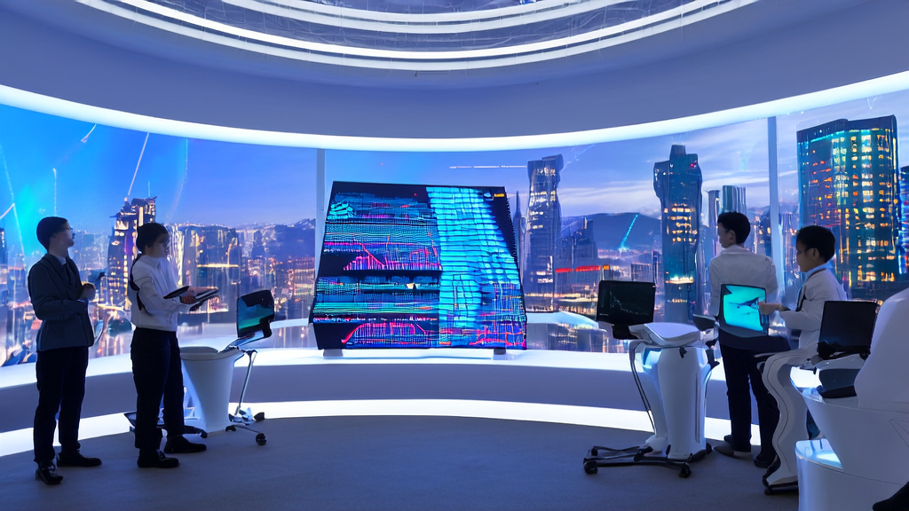 In a futuristic tech city office, entrepreneurs use Ant Open Source LLaDA2.0 for AI-driven customer acquisition