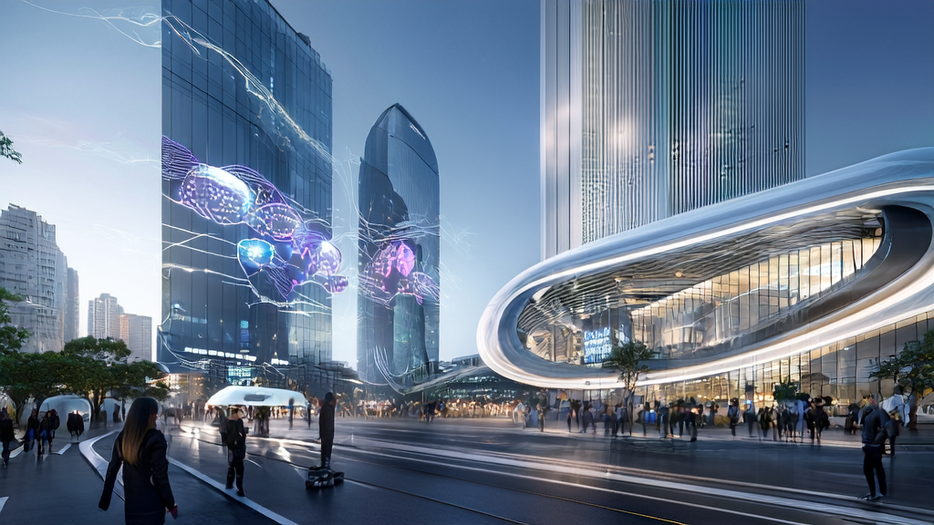 Modern corporate building showcasing AI-driven customer acquisition solutions in a futuristic city