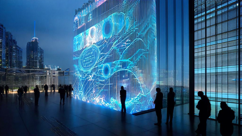 Innovative tech company in a futuristic city using AI for precise advertising to reduce CPA costs