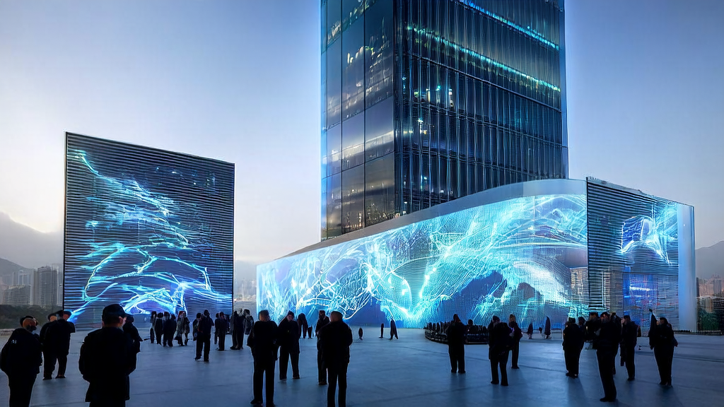 In a futuristic city, data scientists discuss AI customer prediction models in front of a modern office building, showcasing how AI technology is redefining overseas marketing.