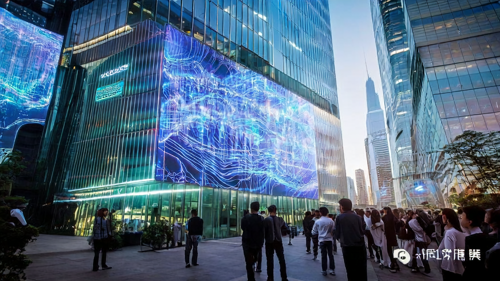 未来城市中的科技公司正在讨论AI获客策略,屏幕显示复杂的算法模型和实时数据流。