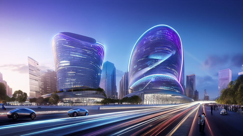 未来城市中的高科技大厦展示AI客户预测模型，机器人出租车穿梭街头