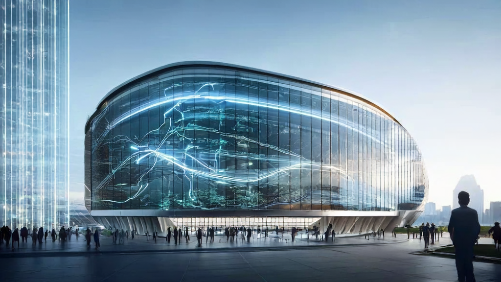 A smart AI assistant interacts with people in front of a modern office building, showcasing the efficiency and transparency of the AG-UI protocol in a futuristic cityscape.