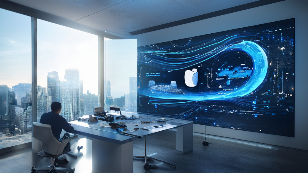 在充满科技感的办公室中，工程师们正在讨论如何利用AI技术优化广告投放，降低CPA，并展示AI家居设备模型。