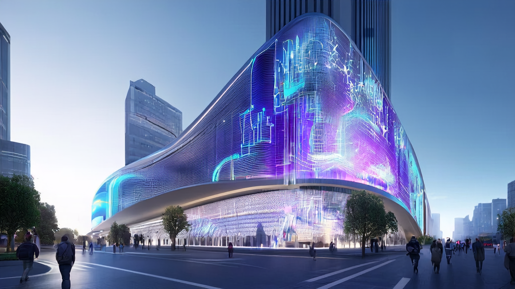 未来城市中的AI获客与广告投放优化，展示数据流和智能设备互动