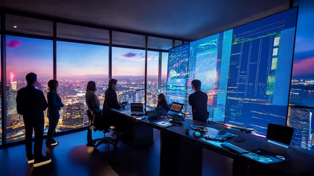 未来感办公室中展示LinkedIn客户数据和Barracuda多模态AI威胁检测系统的实时分析结果