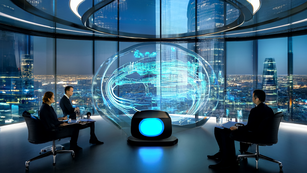 企业家在充满未来感的会议室中探讨AI技术在B2B市场的应用前景
