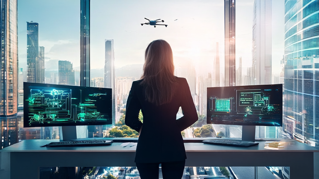 Boosting E-commerce Sales with AI Acquisition: In a futuristic smart office, a young entrepreneur uses AI technology to analyze data, send personalized emails, and screen customers to optimize acquisition paths and improve conversion rates.