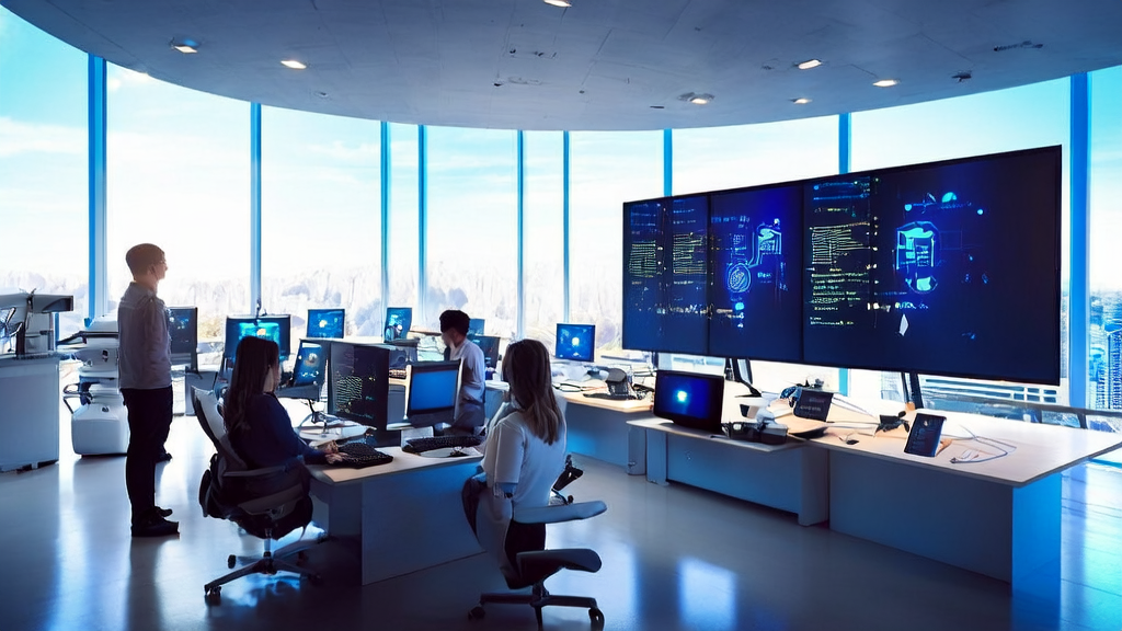 在充满阳光的现代化办公室中，程序员们正在开发AI获客工具，墙上显示着个性化的AI邮件模板设计界面。