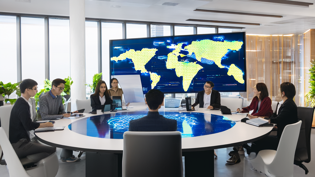 A modern ecommerce office bathed in sunlight, with a team discussing how to boost sales using AI technology, and a background screen showcasing the success story of Spotify's former executive's AI education platform Oboe.