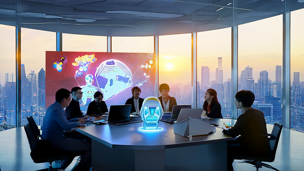 现代化办公室内的团队利用AI技术探索新型获客渠道，背景为壮观的城市天际线。