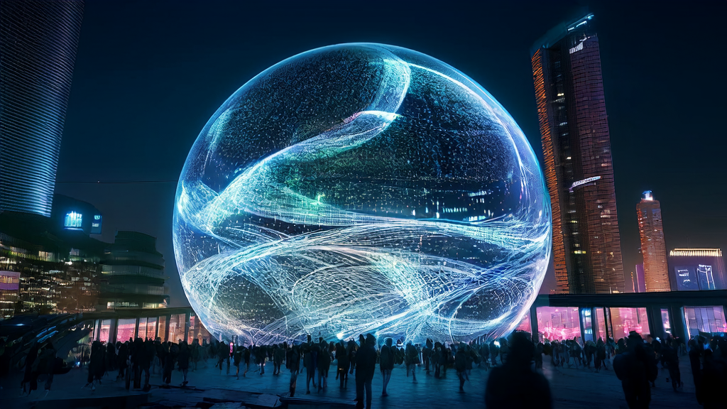 未来城市的夜景中，巨大的透明球体展示了Sakana AI的连续思维模型，周围的数据流代表Twitter用户互动数据。