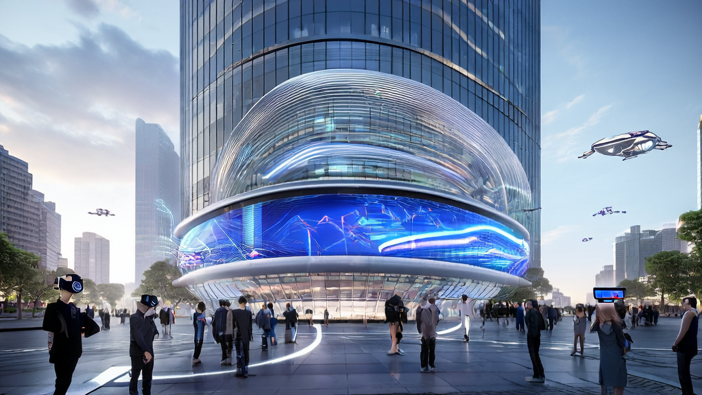A high-tech skyscraper in a futuristic city showcases the application of AI acquisition in e-commerce, with people interacting with virtual assistants via smart devices to experience personalized recommendations and multilingual support.