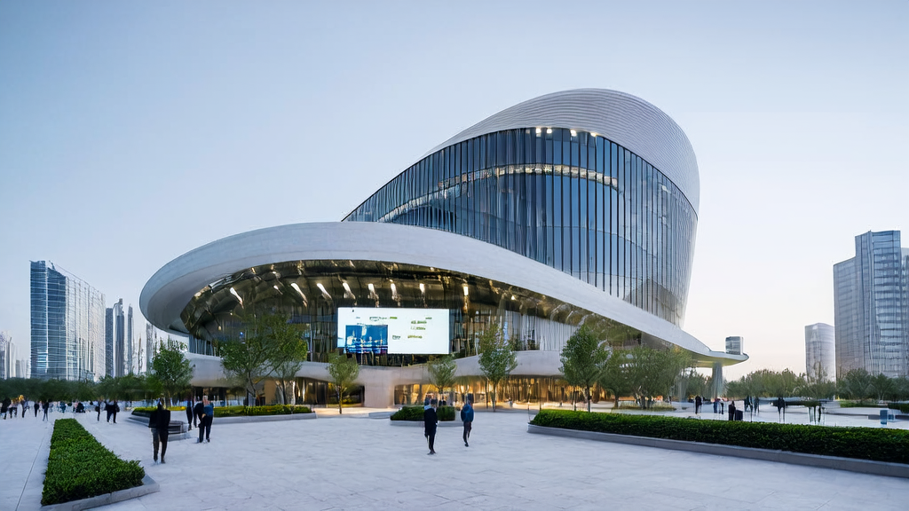 A modern tech company's plaza showcasing how AI technology enhances customer acquisition efficiency through precise customer profiling, personalized email marketing, and automated customer outreach.