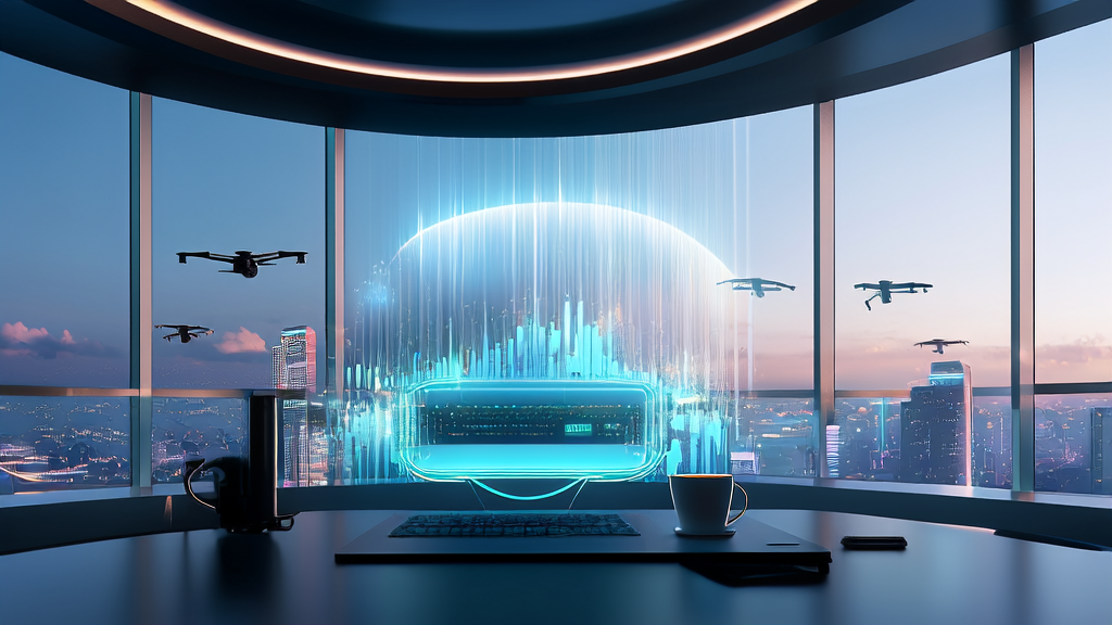 A high-tech office in a futuristic city showcasing AI applications in customer acquisition