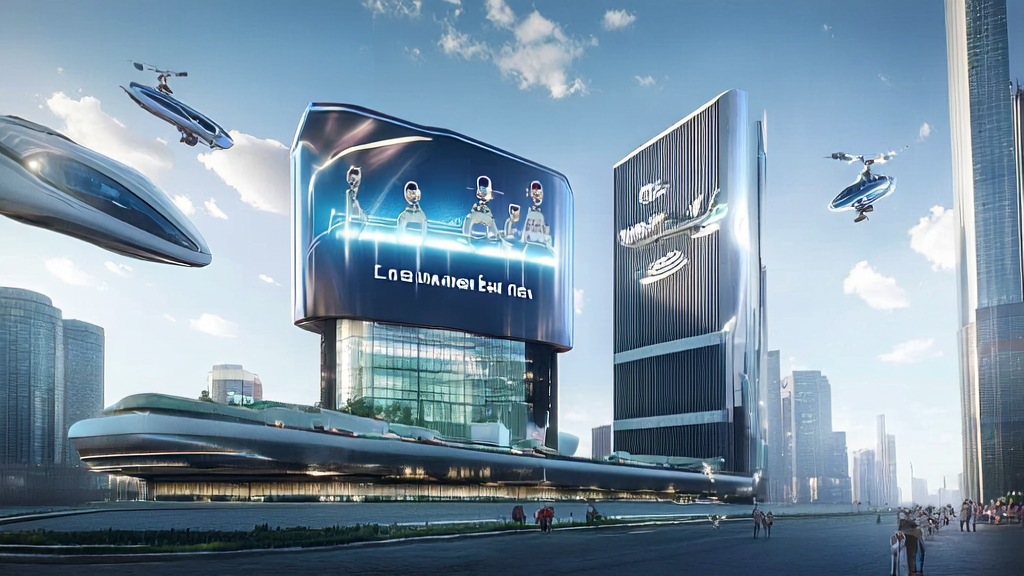 In a futuristic cityscape with smart robots and drones, showcasing AI-based high-conversion email strategies, supported by Musk's vision of AI solving Japan's population crisis.