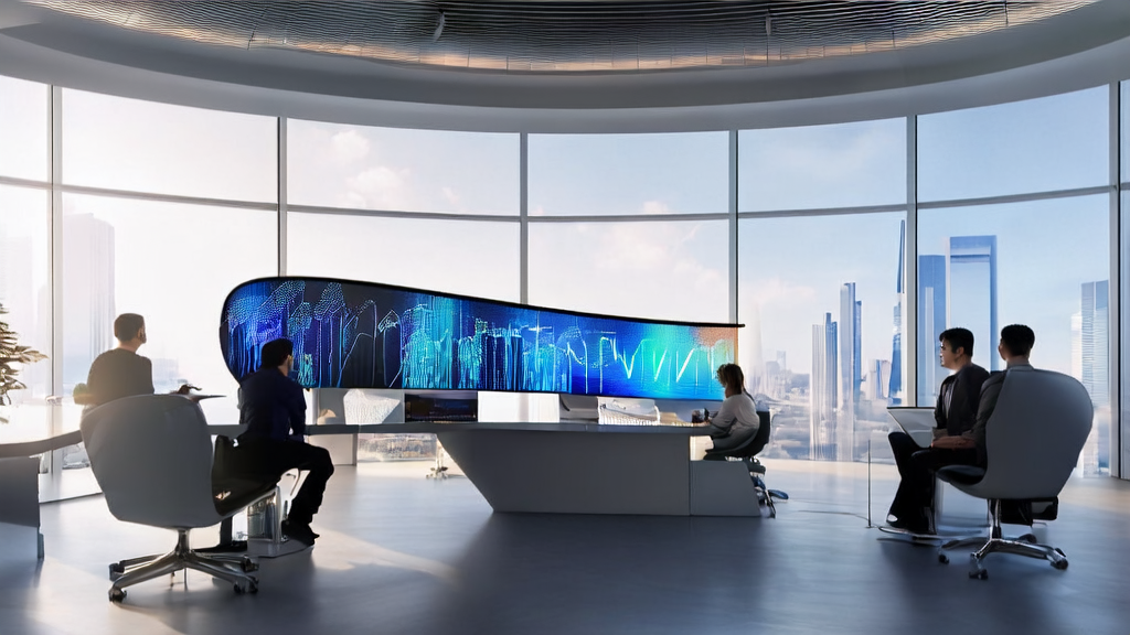 Employees in a modern office are discussing the latest AI acquisition technology and personalized email templates, with a Self-Refine logo on the background wall