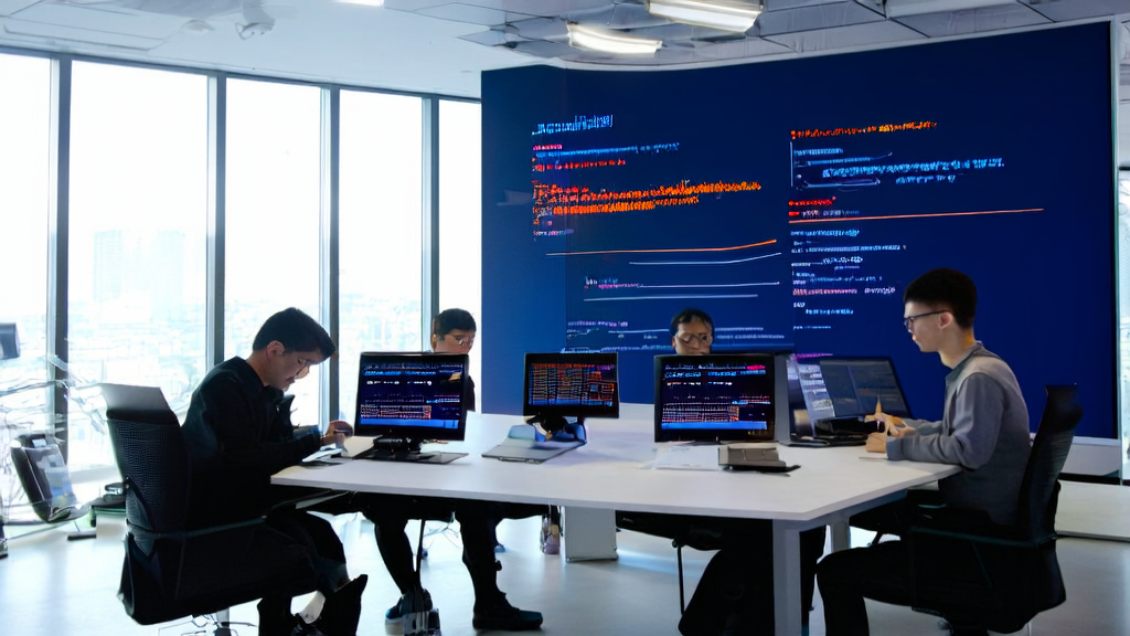 In a modern office, technicians are fine-tuning the AI customer acquisition system, with market analysis charts on the wall showcasing successful cases of MuleRun Financial Agent.