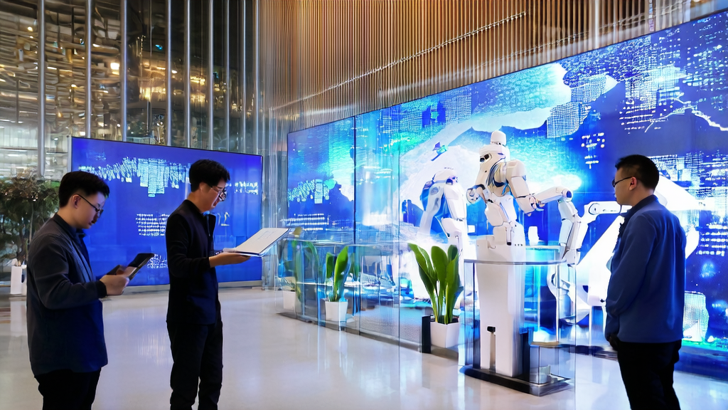 阳光下的现代化办公楼，工程师们讨论AI技术，屏幕上显示全球市场数据，背景有具身智能模型和机器人