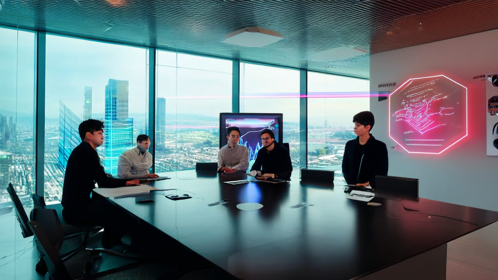 未来办公室中展示AI优化邮件营销策略的场景