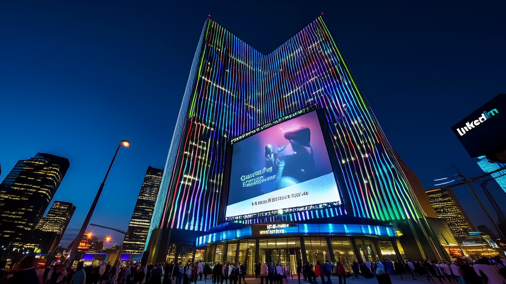 In front of a futuristic skyscraper in a city skyline, a giant screen plays the trailer of “Queen Zheng Yisha,“ with pedestrians stopping to watch, showcasing the advancement of AI technology and its impact on customer acquisition methods.
