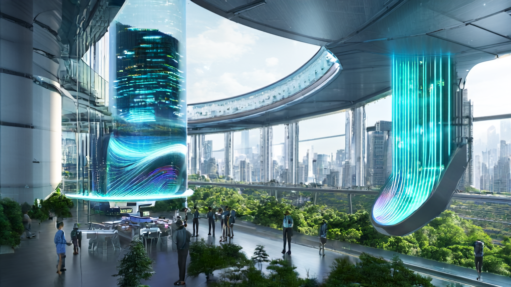 A modern cityscape featuring a company utilizing AI technology to explore new customer acquisition channels