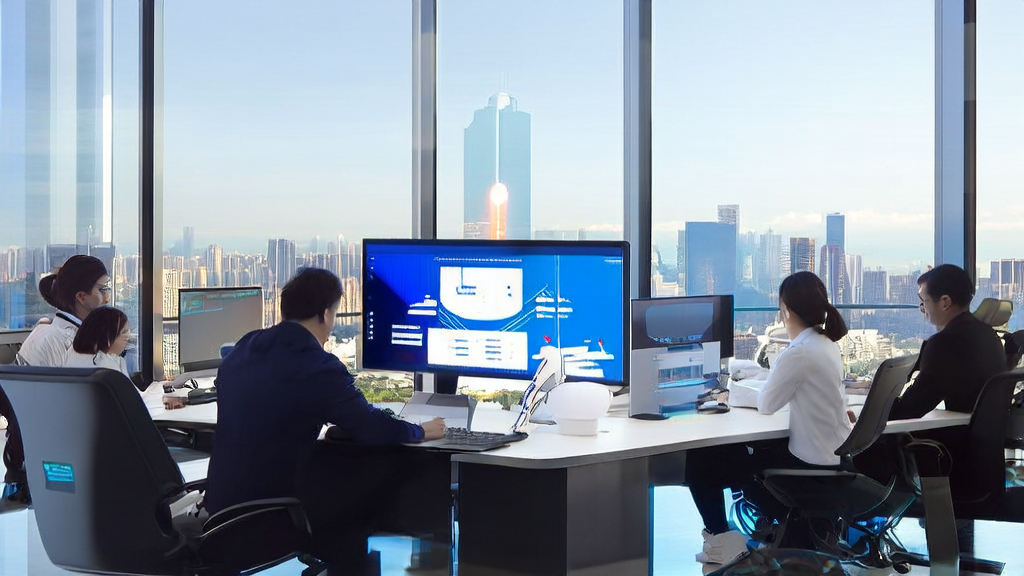An AI-powered international market expansion strategy for export companies, set in a modern office environment with city skyline background