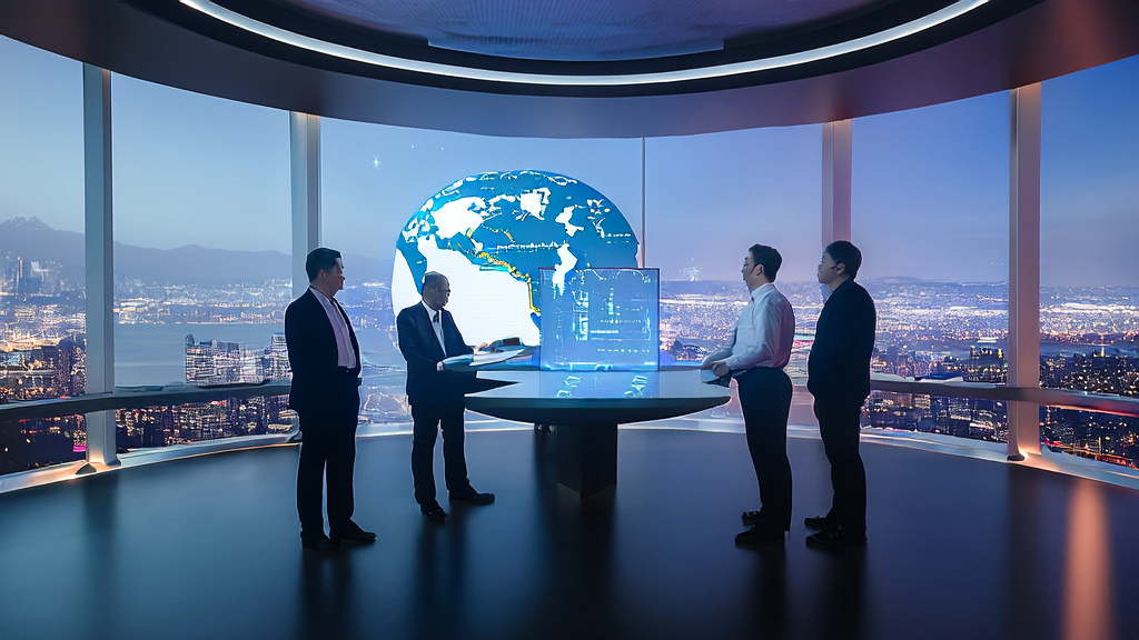 A futuristic meeting room where professionals discuss AI strategies for new energy enterprises going global, with a portrait of Zhang Chaoyang on the wall.