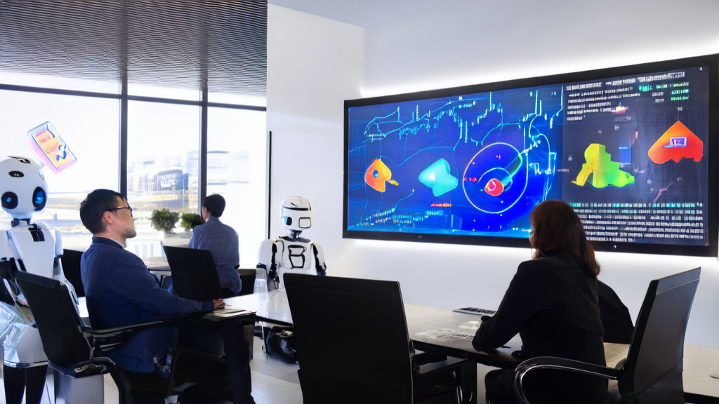 Office employees analyzing LinkedIn customer data using AI technology and interacting with a smart assistant to optimize acquisition strategies