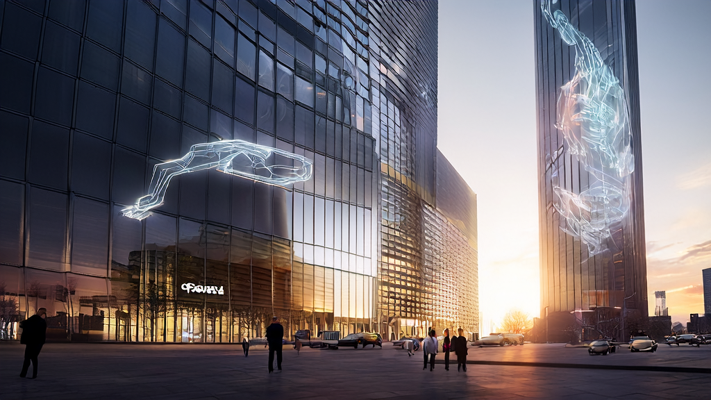 未来城市的高科技大厦前，商务人士使用语音交互和智能助手对话，背景中有个性化AI邮件模板和OpenAI操作系统广告牌。