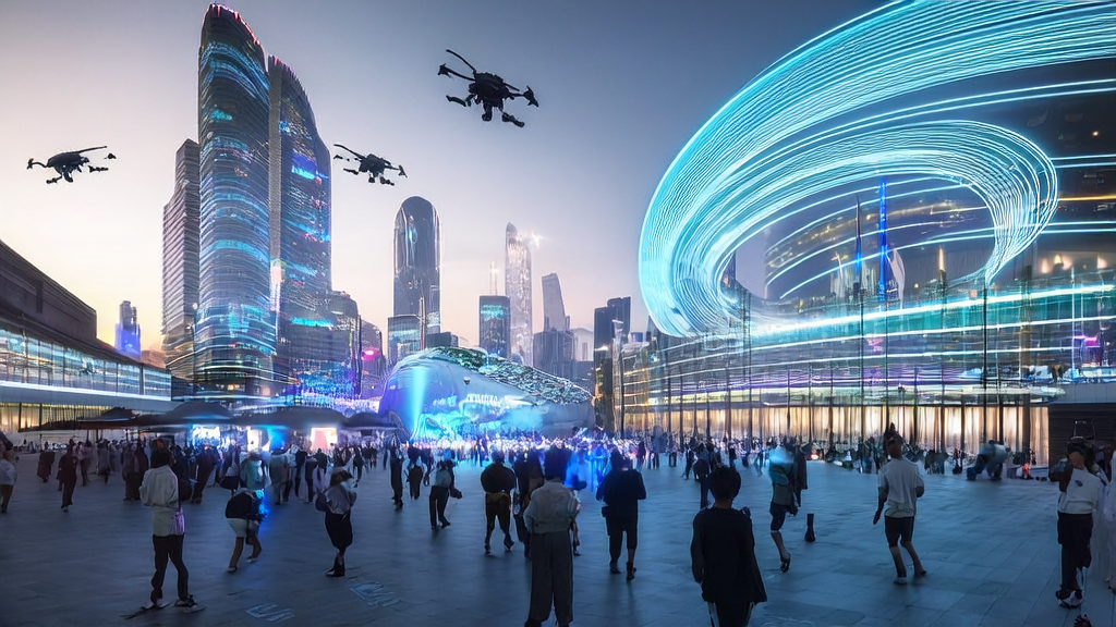 A futuristic city skyline showcasing the integration of AI technology in daily life, highlighting innovations in AI-driven customer acquisition