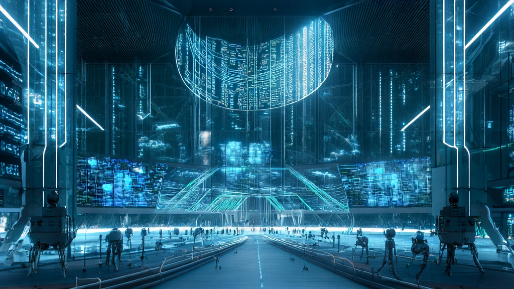 未来城市中的AI获客控制中心，展示AI客户数据自动化清洗过程