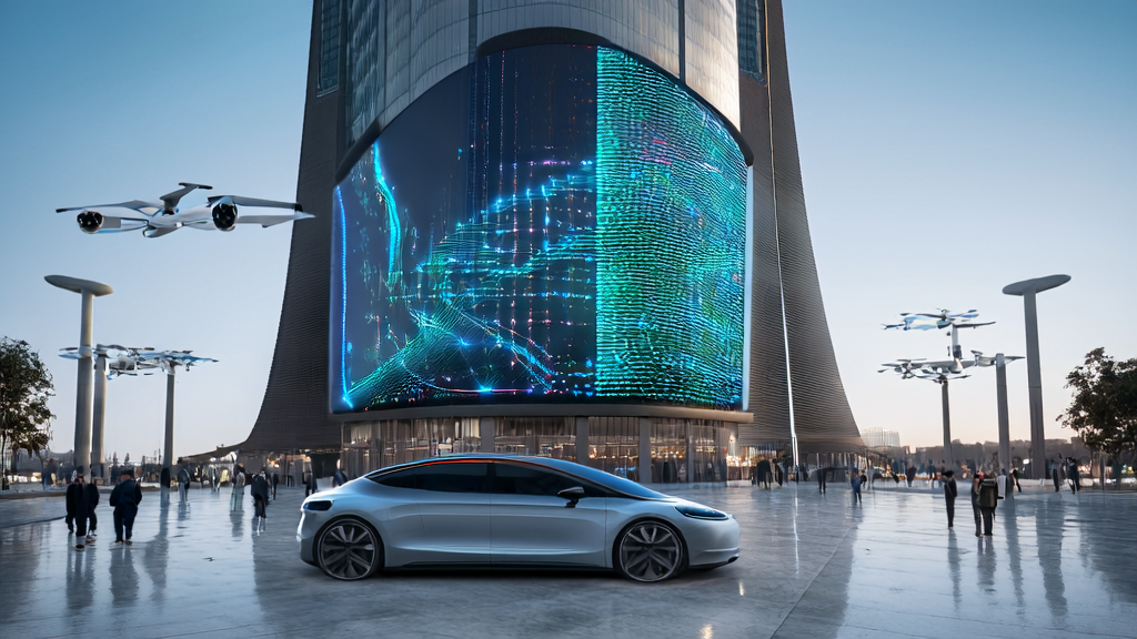 A high-tech scene in a futuristic city showcasing AI acquisition strategies and technology, including a Tesla self-driving car and a data stream electronic screen.