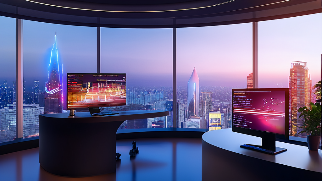 未来办公室中展示AI获客技术的场景，包括定制化邮件模板和全方位智能营销策略