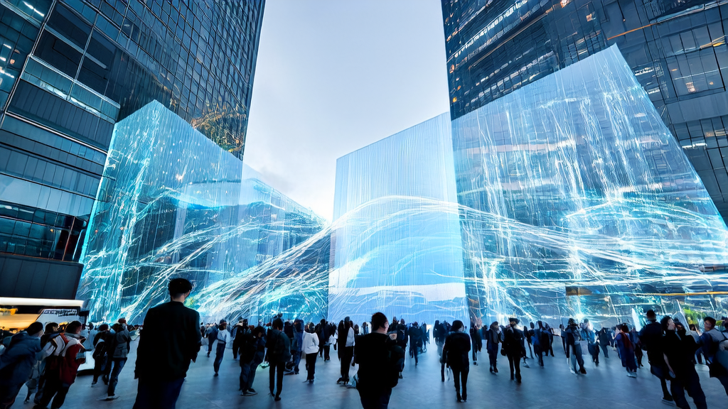 A tech company in a futuristic city showcasing its latest AI technology with a crowd gathering around, while self-driving cars and drone deliveries move in the background